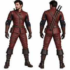 Male model wearing custom fitted burgundy medieval rogue leather armor suit standing on white background