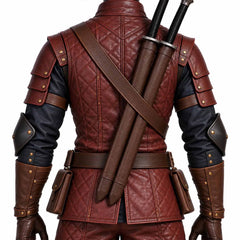 Detailed back view of quilted leather warrior vest showing cross body sword scabbard straps and segmented shoulder armor