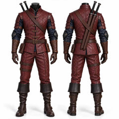 Dual studio view showing front and back layout of complete handmade burgundy leather fantasy warrior rogue costume
