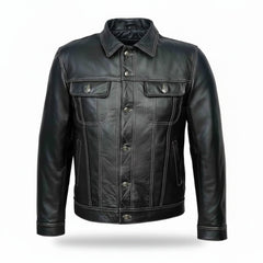 Men TRUCKER Jacket Classic Black 100% REAL Cowhide Leather Classic Style 1280