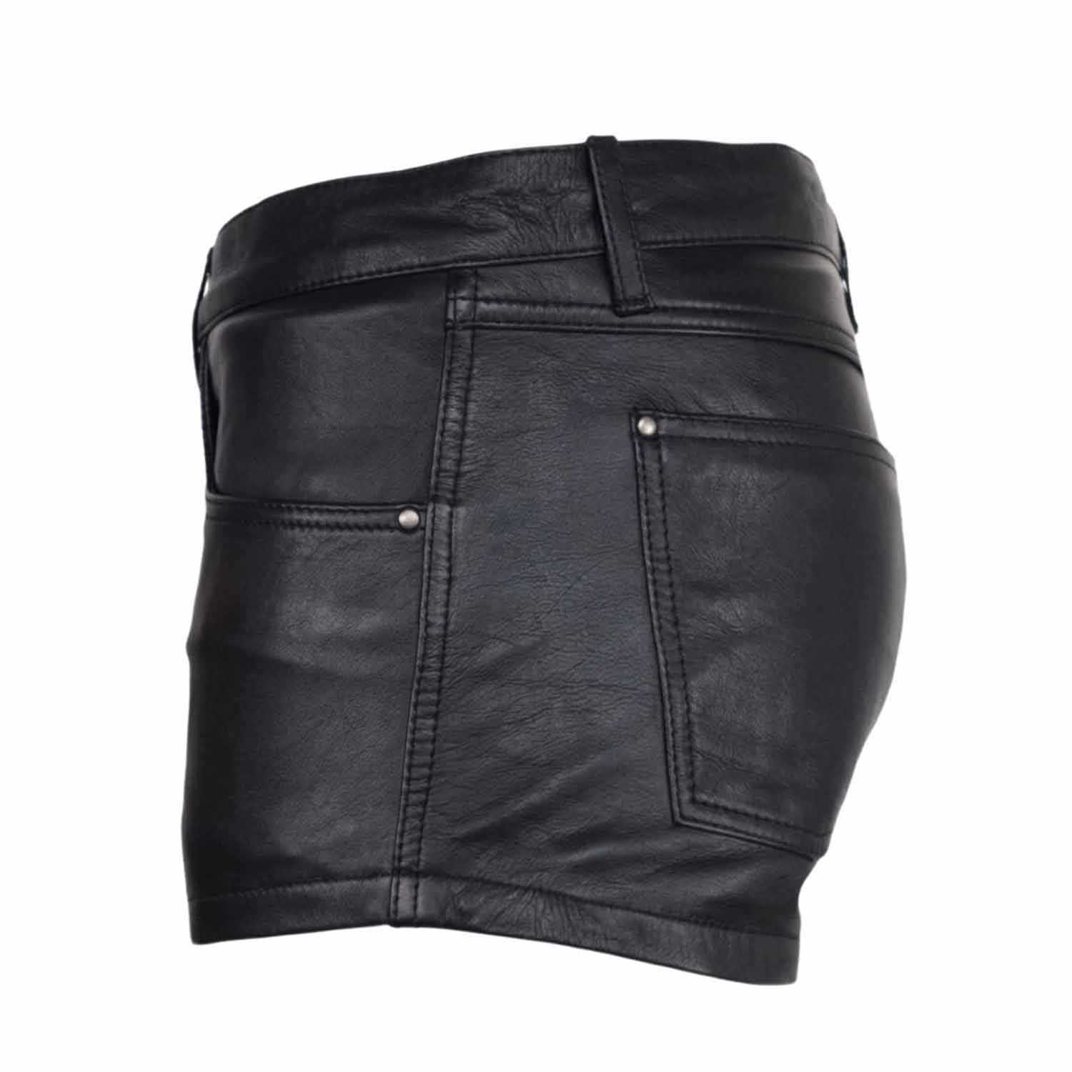 Black genuine leather mini skirt with a high waist, featuring a back pocket with a silver rivet and belt loops, shown against a plain white background.