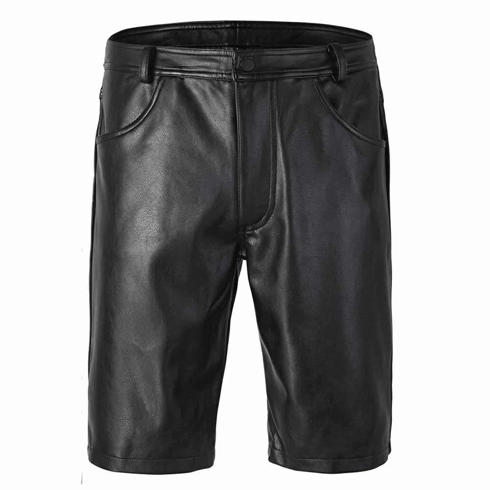 Front view of men's black genuine leather Bermuda shorts featuring 5-pocket jeans styling, metallic waist button, and YKK zip fly.