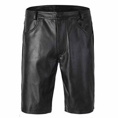 Front view of men's black genuine leather Bermuda shorts featuring 5-pocket jeans styling, metallic waist button, and YKK zip fly.
