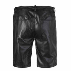 Back view of men's knee-length black real leather shorts showing twin rear patch pockets, fitted yoke, and wide belt loops.