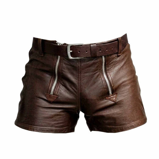 Pantalones cortos de cuero 100% genuino marrón para hombre con doble cremallera