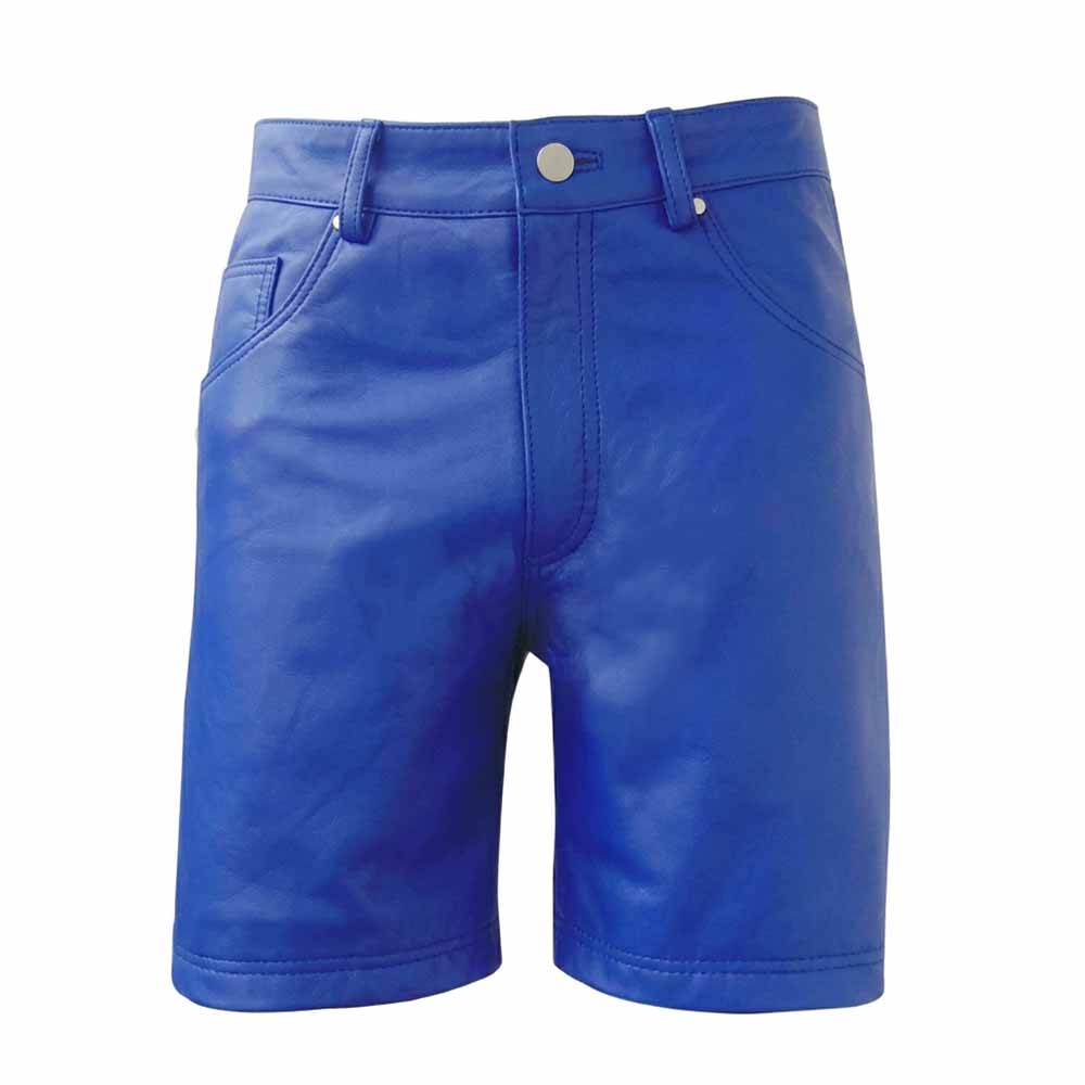 Front view of men's vibrant blue genuine leather Bermuda shorts featuring 5-pocket denim design, metallic waist button, and YKK zip fly.