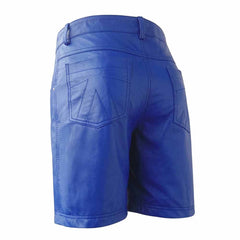Back view of men's blue real leather knee-length shorts displaying detailed rear patch pockets, belt loops, and clean hemmed legs.
