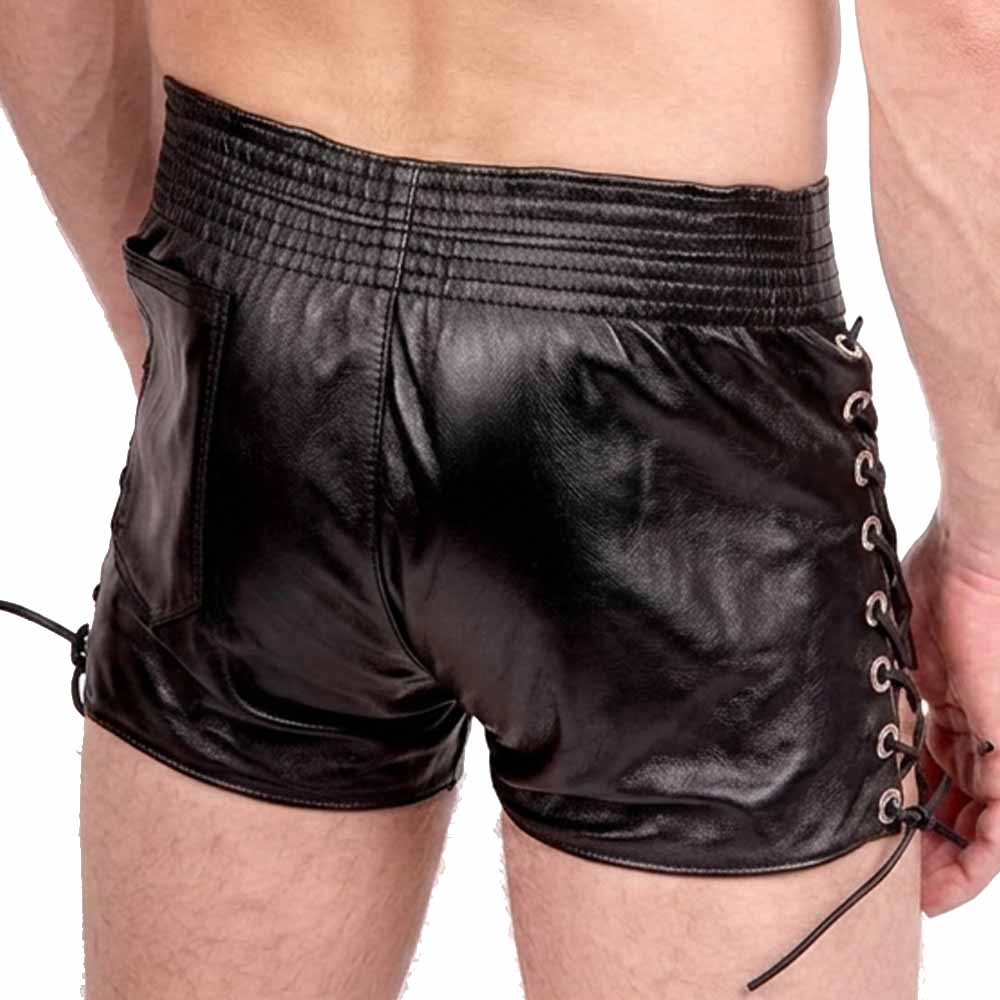 Back view of men's soft lambskin leather shorts showing back patch pocket, ribbed elastic waist, and side lacing details.