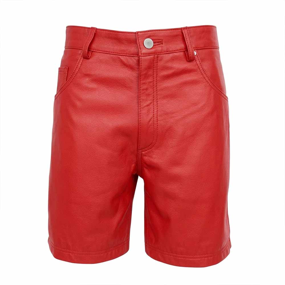 Front view of men's red genuine leather Bermuda shorts featuring 5-pocket jeans styling, metallic waist button, and YKK zip fly.