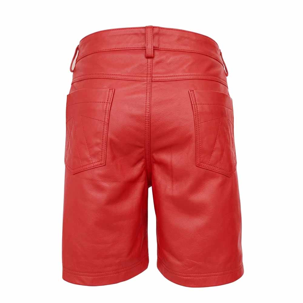 Back view of men's knee-length red real leather shorts showing twin rear patch pockets, fitted yoke, and wide belt loops.