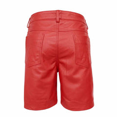 Back view of men's knee-length red real leather shorts showing twin rear patch pockets, fitted yoke, and wide belt loops.
