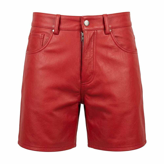 Front view of men's short red genuine leather hot shorts featuring 5-pocket layout, coin pocket, metallic button waist, and zip fly.