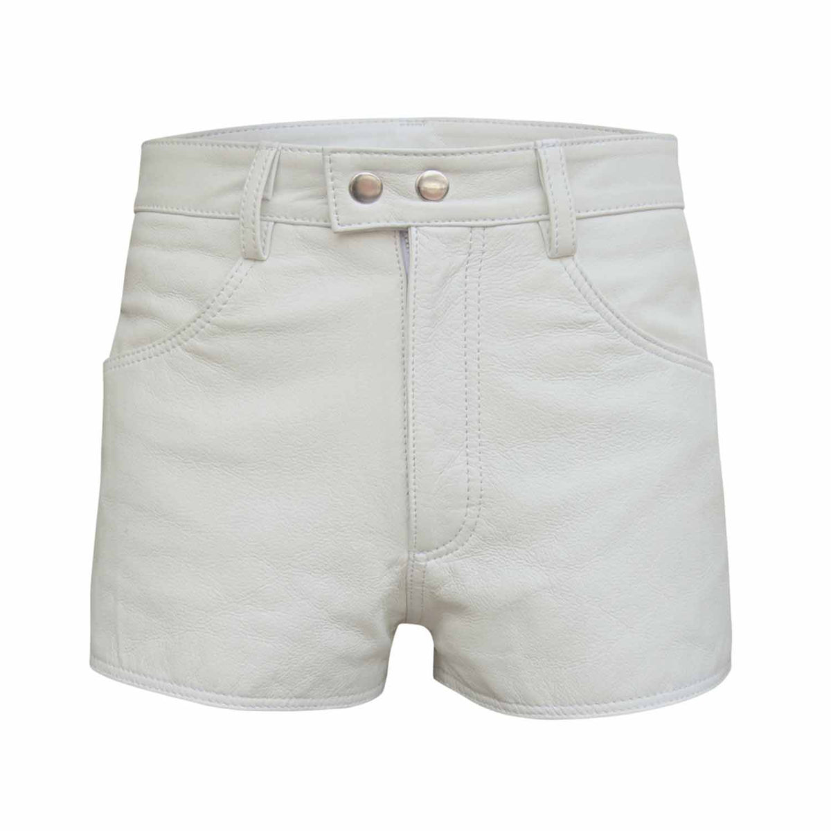 Straight front view of men's fitted white leather shorts featuring double snap waist closure, YKK zip fly, and deep front pockets.