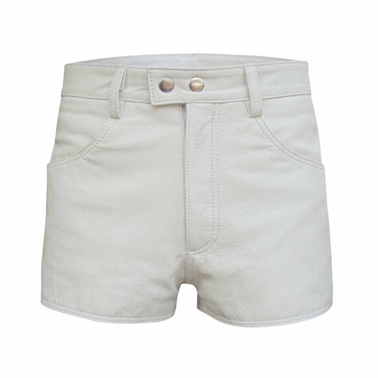 Straight front view of men's fitted white leather shorts featuring double snap waist closure, YKK zip fly, and deep front pockets.