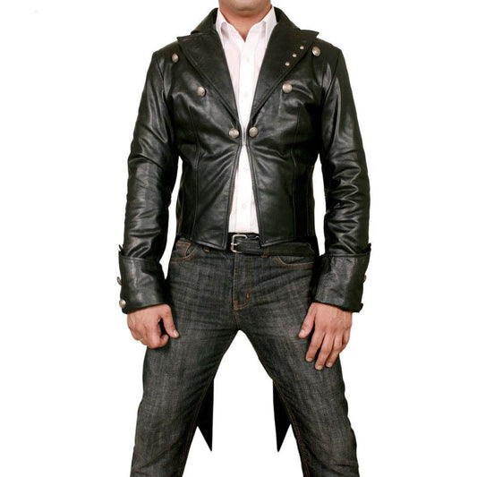 Front view of a men's 100% real leather steampunk tailcoat jacket featuring metal lapel buttons and folded gauntlet cuffs.