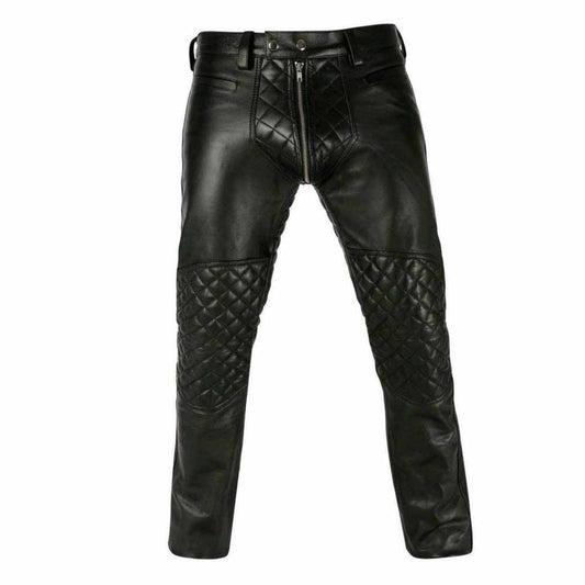 Pantalones de motorista para hombre, de cuero de oveja auténtico, panel acolchado, corte gay