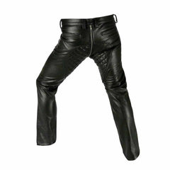 Pantalones de motorista para hombre, de cuero de oveja auténtico, panel acolchado, corte gay