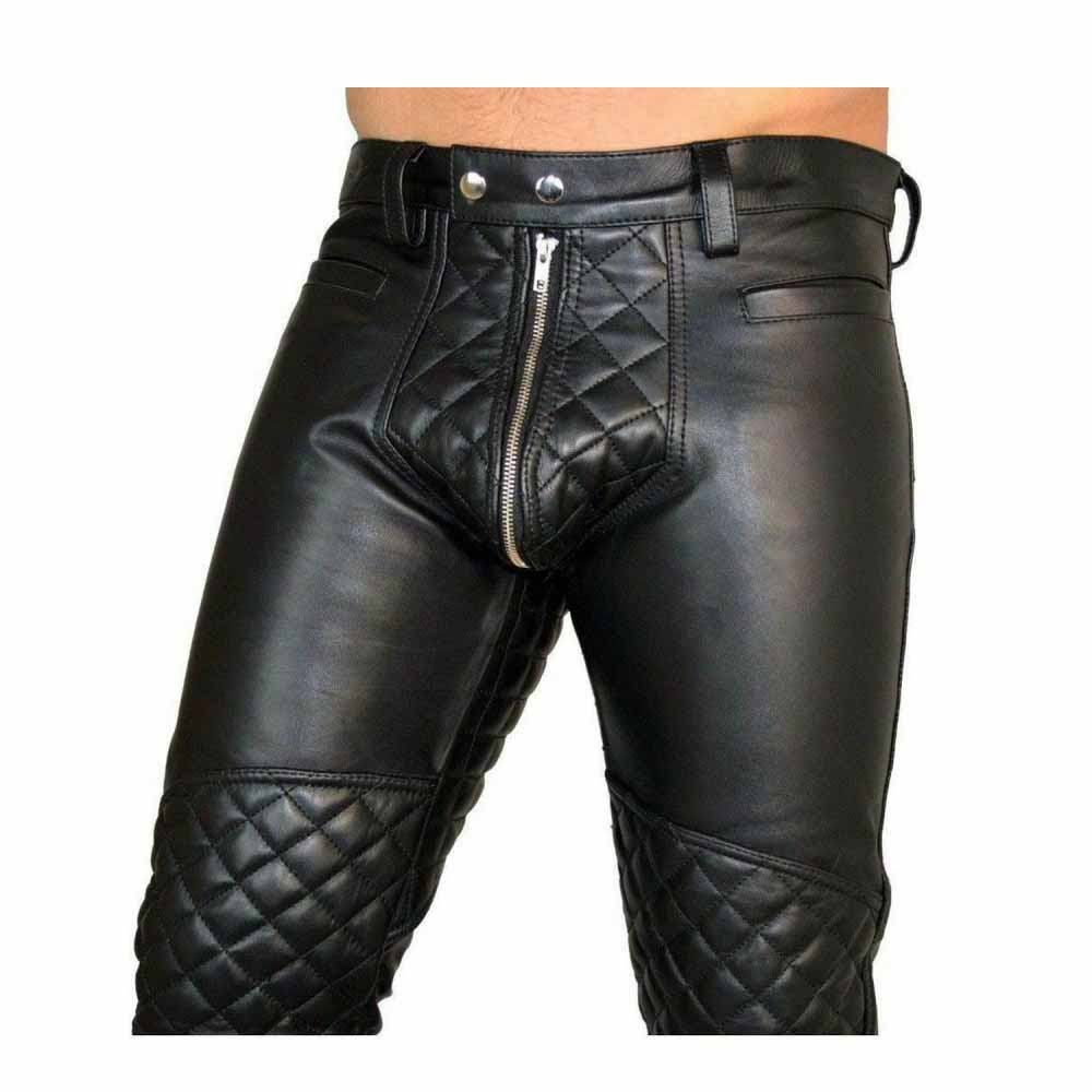 Pantalones de motorista para hombre, de cuero de oveja auténtico, panel acolchado, corte gay