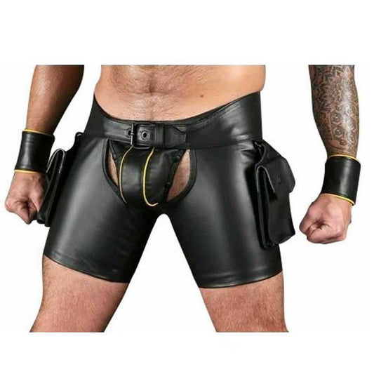 Pantalones cortos de cuero de vaca negros para hombre con muñequeras