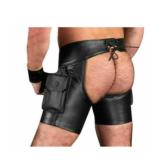 Pantalones cortos de cuero de vaca negros para hombre con muñequeras