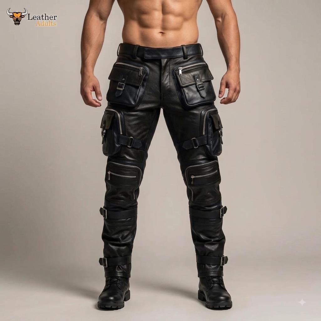 Pantalones tácticos de motorista de cuero negro para hombre
