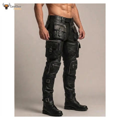 Pantalones tácticos de motorista de cuero negro para hombre