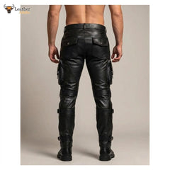 Pantalones tácticos de motorista de cuero negro para hombre
