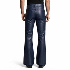 Rear view showcasing the clean back pockets, high waist cut, and wide flared leg opening on black leather trousers.