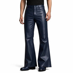 Front view of a man wearing navy blue genuine lambskin leather bell bottom pants with a high waist and wide flared hem.