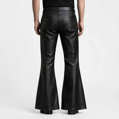 Rear view showcasing the clean back pockets, high waist cut, and wide flared leg opening on black leather trousers.