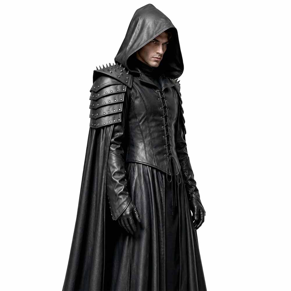 Medium side profile highlighting the deep pointed hood, lace-up torso section, and layered pauldrons of the men's LARP costume.