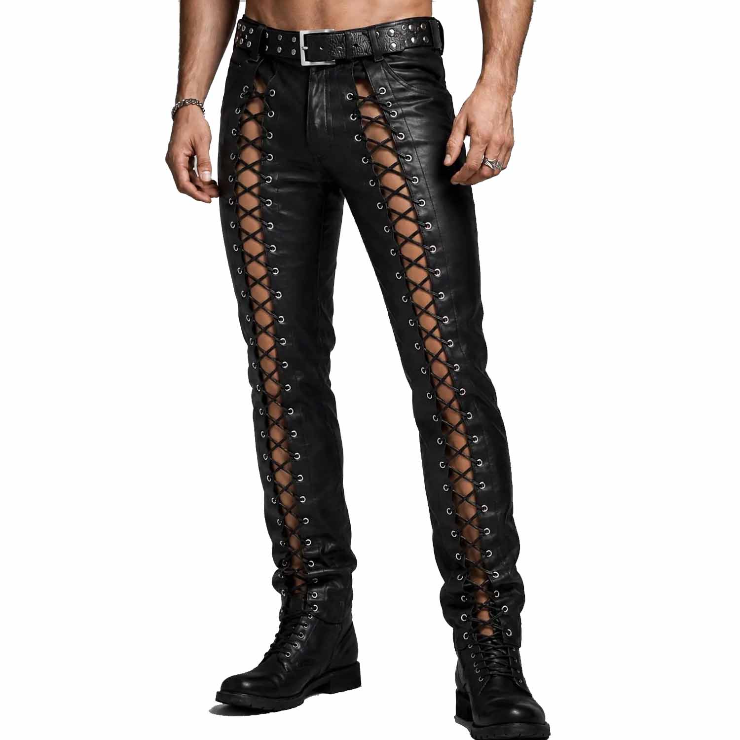 Front view of a man wearing black genuine leather lace-up pants with dramatic open-side crisscross lacing and a studded statement belt.