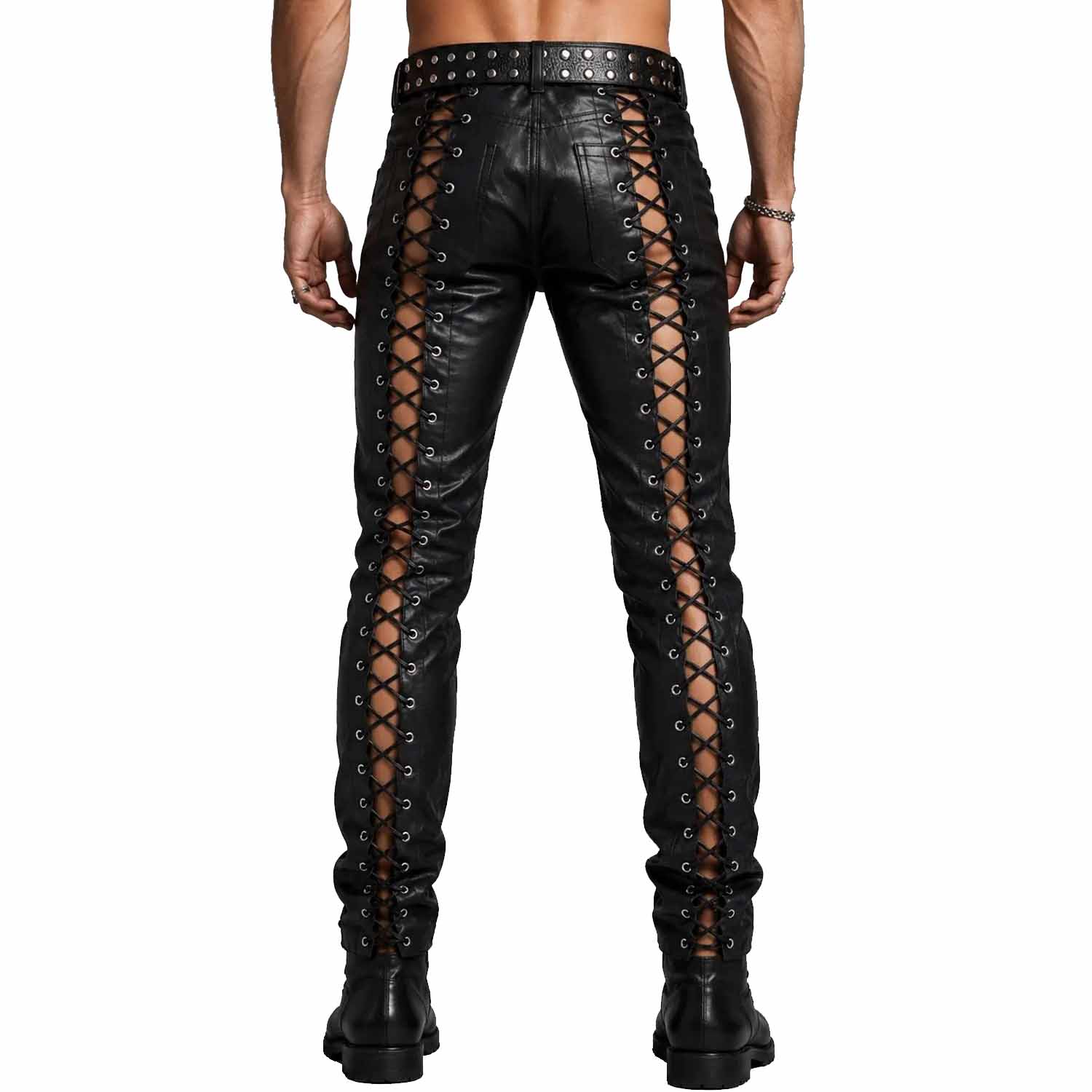 Back view of men's black gothic punk leather trousers showcasing full-length lace-up detailing down both legs and a studded belt.