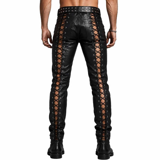 Back view of men's black gothic punk leather trousers showcasing full-length lace-up detailing down both legs and a studded belt.