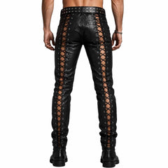 Back view of men's black gothic punk leather trousers showcasing full-length lace-up detailing down both legs and a studded belt.