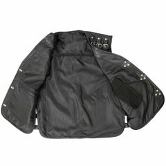 Interior view of men's black leather biker vest flat laid showing smooth satin lining and inside pocket