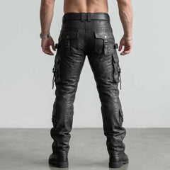 Back view of mens black leather biker trousers showing rear flap pockets reinforced seat seams and fitted straight leg cut