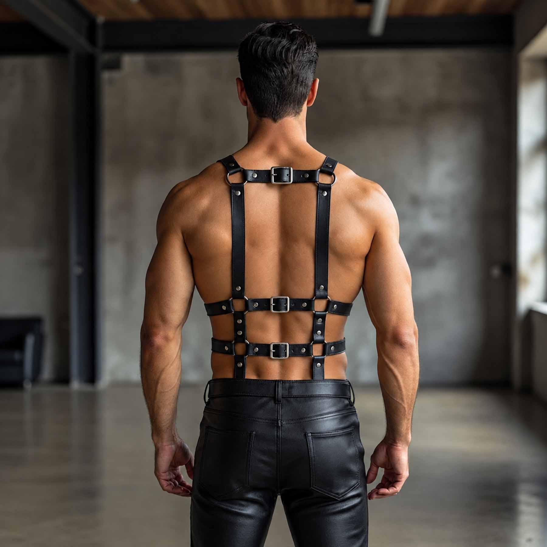 Direct rear view of athletic man showcasing back strap configuration of black leather harness with silver roller buckles and spine bands