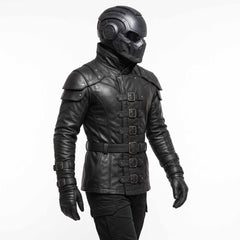 Front three quarter perspective of man modeling black cyberpunk leather jacket with waist belt and multi buckle chest closures