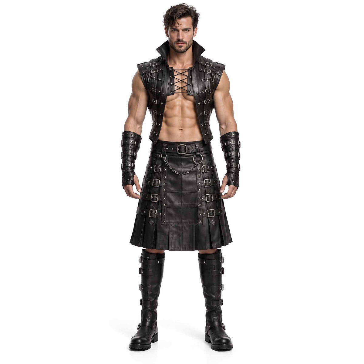 Front full-body view of a muscular man wearing a handmade black leather gladiator costume set featuring an open lace-up vest, buckled utility kilt with chains, and forearm bracers.