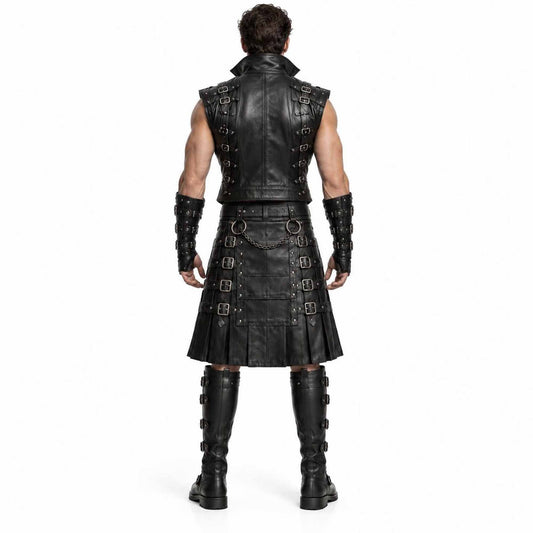 Rear view of the men's black leather warrior costume highlighting the tailored back vest panel, pleated kilt construction, draped waist chains, and buckled arm guards.
