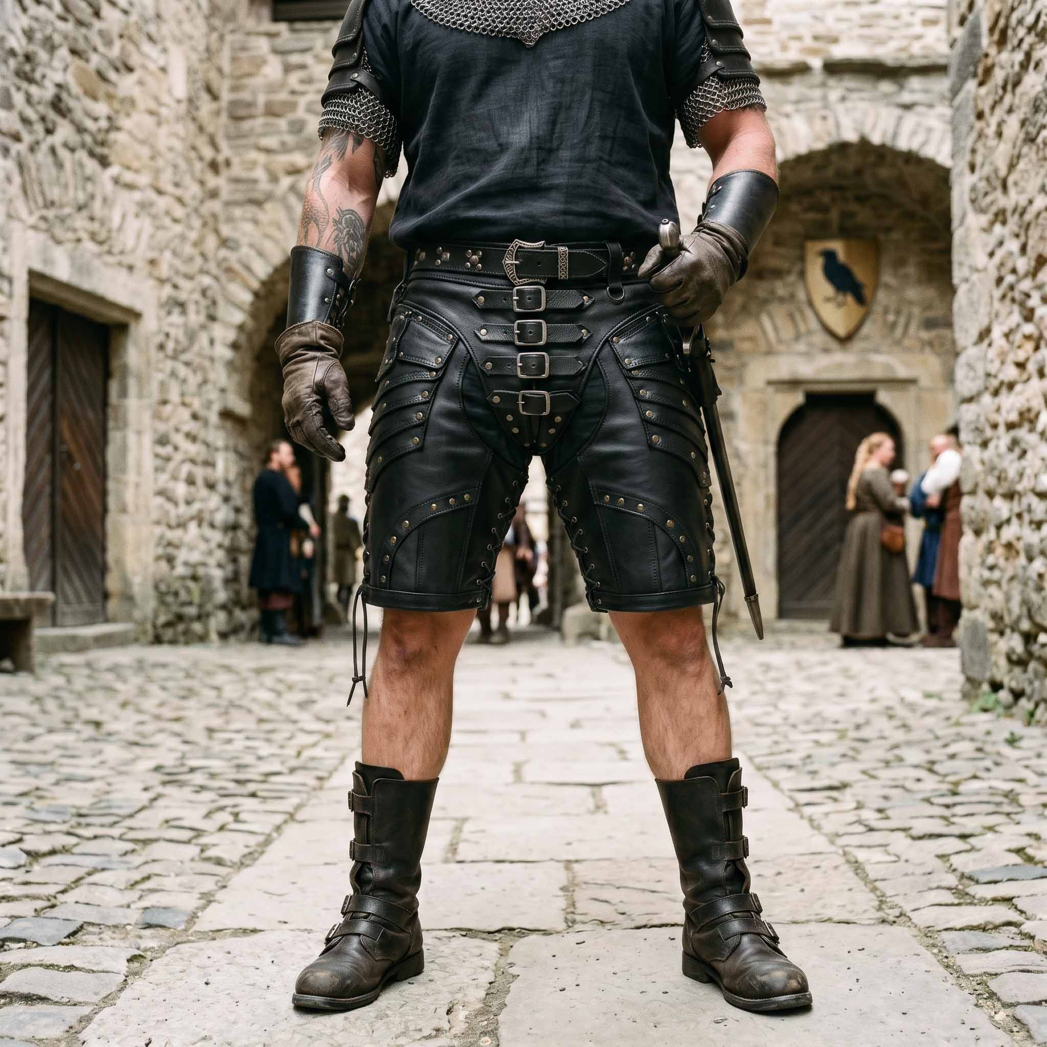 Full length front shot of warrior in black leather gladiator armor shorts, chainmail shirt, and tall buckled boots standing in medieval stone courtyard