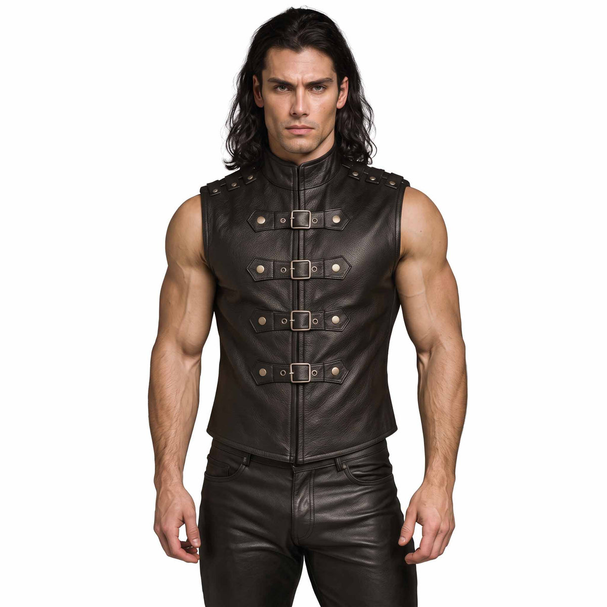 Full front view of muscular athletic man wearing handmade black cowhide leather gothic vest with four roller buckles and high stand collar