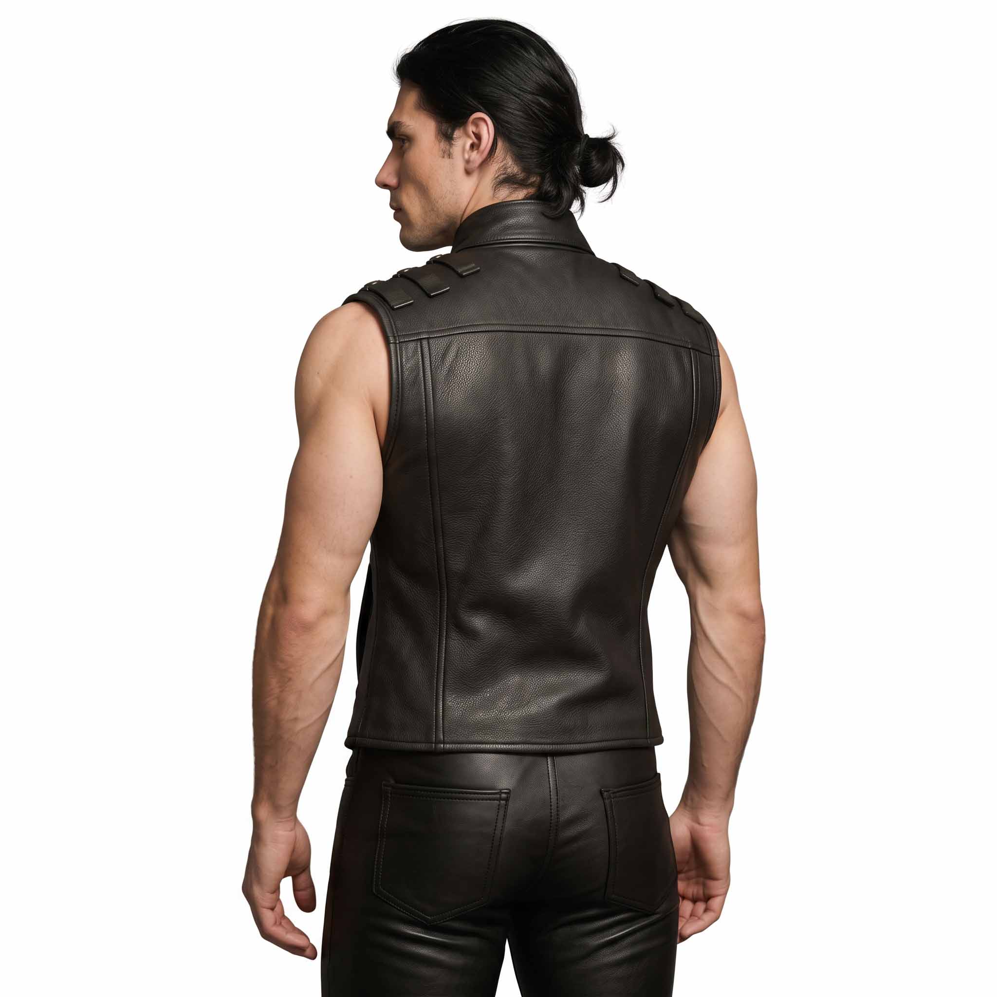 Rear three quarter perspective of man showing back fit of black cowhide leather sleeveless vest and matching leather trousers