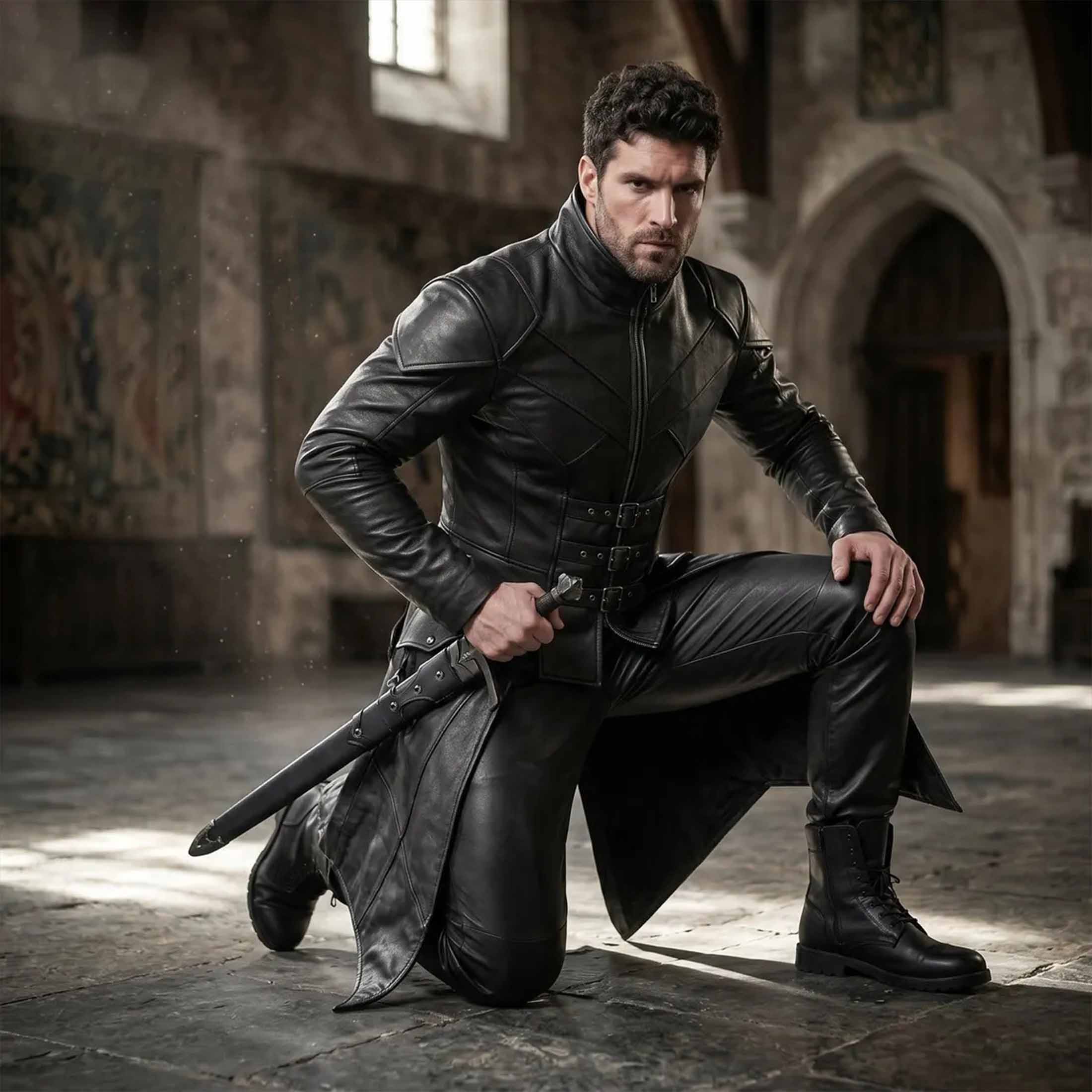 Dark fantasy warrior in black leather gothic tailcoat costume kneeling with sheathed sword inside ancient stone castle chamber