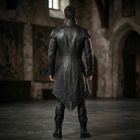 Rear full body view of black leather vampire tailcoat showing contoured vertical seam panels and dramatic pointed split tails