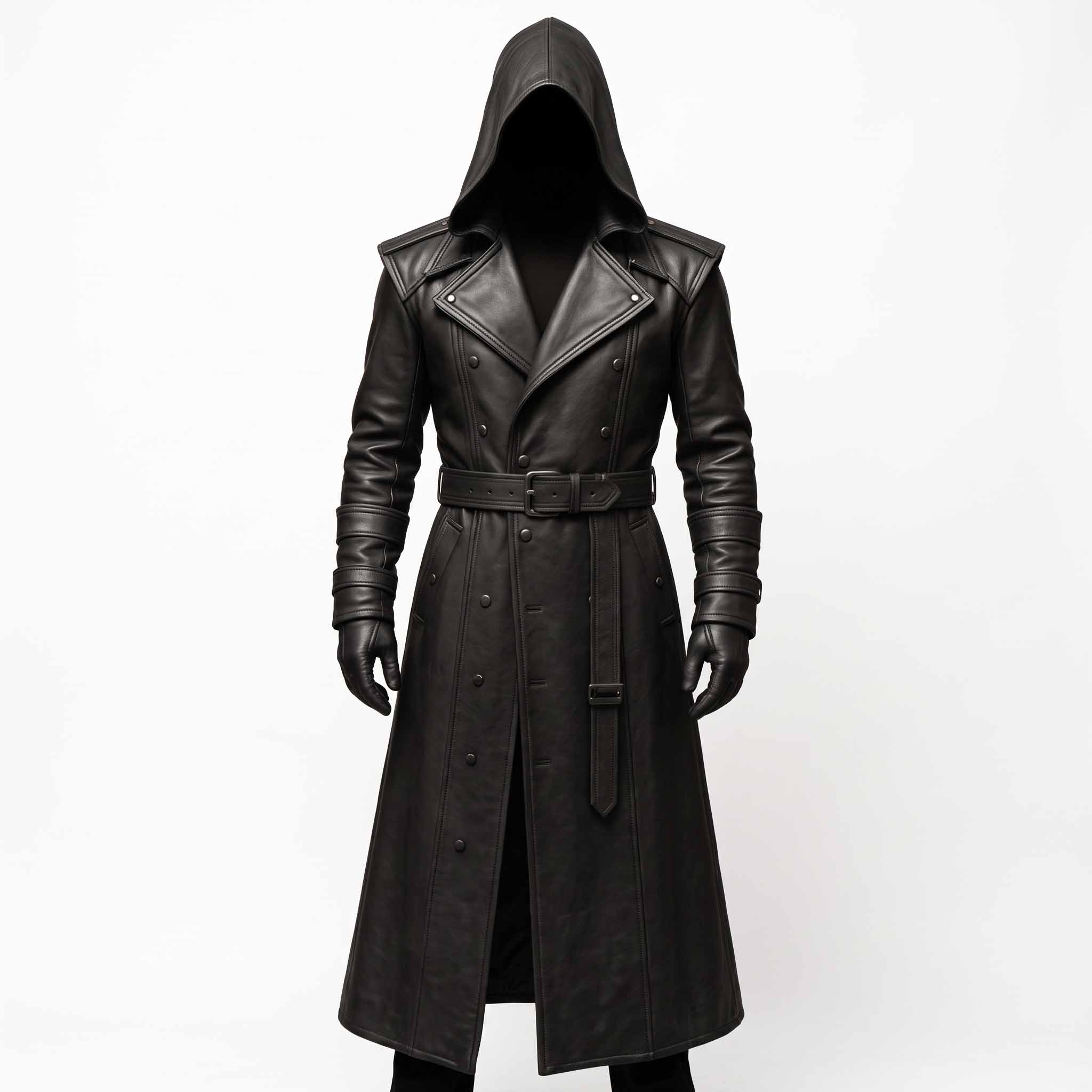 Studio shot of black cowhide leather hooded trench coat on invisible mannequin showing belted waist, asymmetric front snaps, and shadowed hood opening