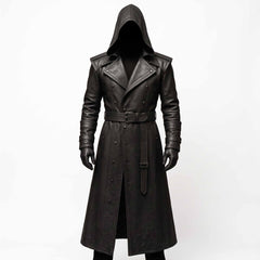 Studio shot of black cowhide leather hooded trench coat on invisible mannequin showing belted waist, asymmetric front snaps, and shadowed hood opening