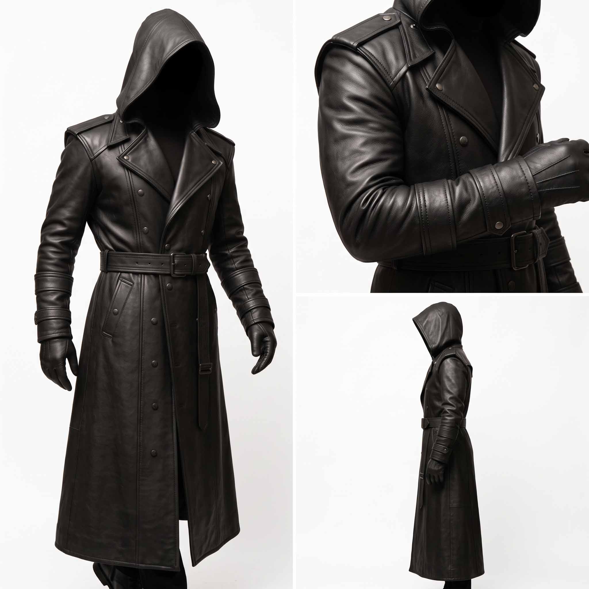 Three panel studio compilation showing front view, sleeve cuff close up, and side profile of black leather cyberpunk hooded duster coat