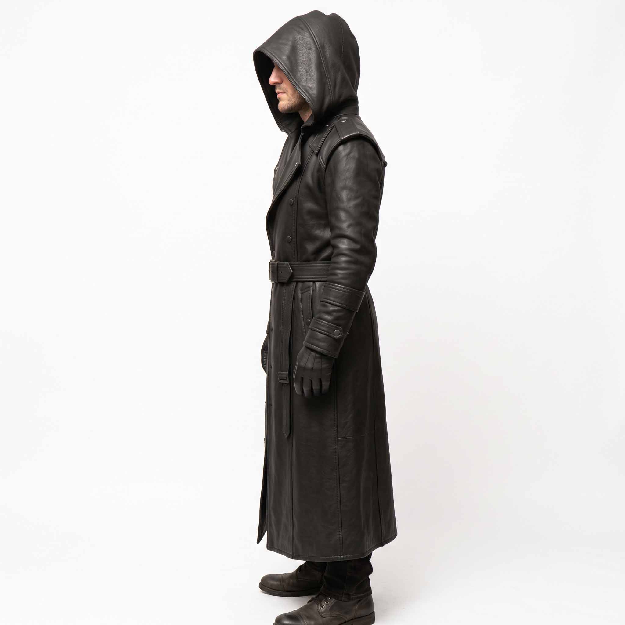 Side profile shot of man modeling full length black leather cyberpunk coat displaying tiered forearm cuff bands and hooded drape
